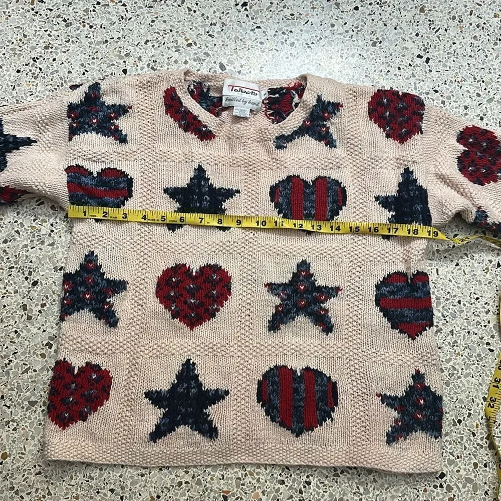 Talbots hearts Star patriotic knitted by hand small s red blue tan USA_3